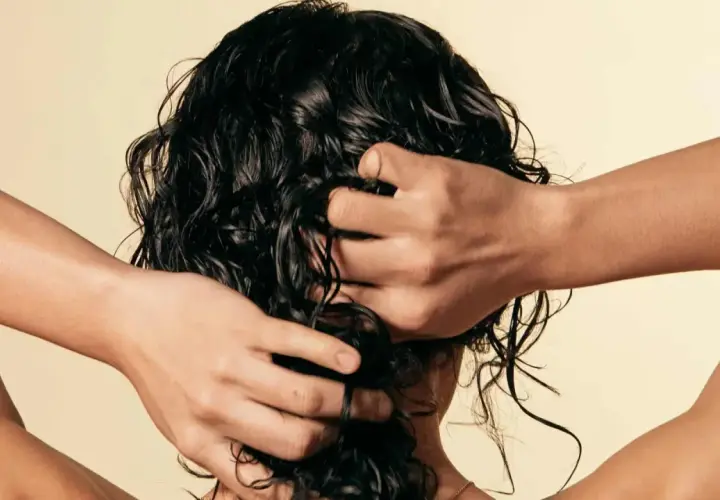 Mujer con cabello encrespado a la izquierda y liso a la derecha, con texto "6 trucos infalibles para eliminar el frizz".