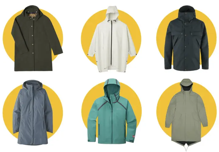 Six raincoats in various colors and styles, showcasing what fabric are raincoats made of.