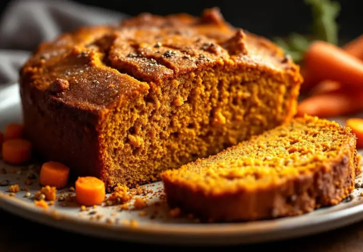 Un délicieux cake carotte cumin, moelleux et parfumé, avec des morceaux de carottes et des graines sur le dessus.