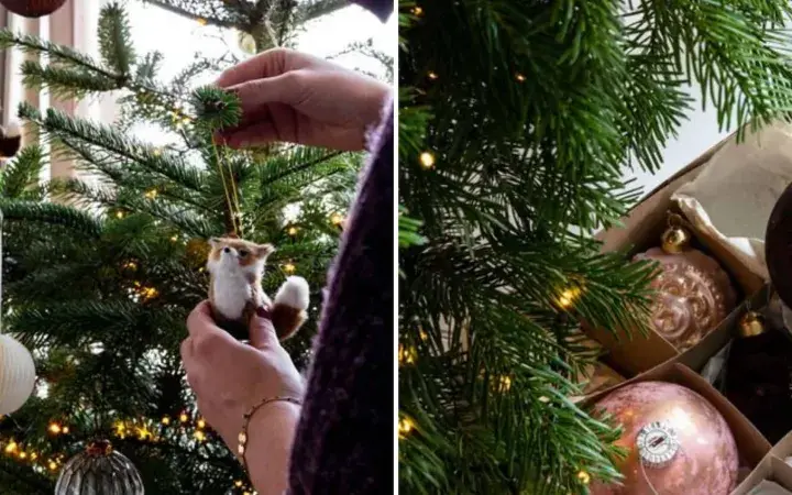 Addobbi per un albero di natale in inglese: palline rosa e bordeaux, decorazioni a forma di volpe e sfere di carta.