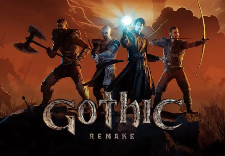 Czterech bohaterów, w tym mag z kulą energii, wojownik z toporem i łucznik, gotowi do walki w świecie Gothic Remake PS5.