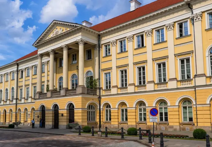 Majestatyczny żółty budynek z kolumnami, jeden z wielu uniwersytetów w Polsce, z czerwonym dachem i błękitnym niebem.