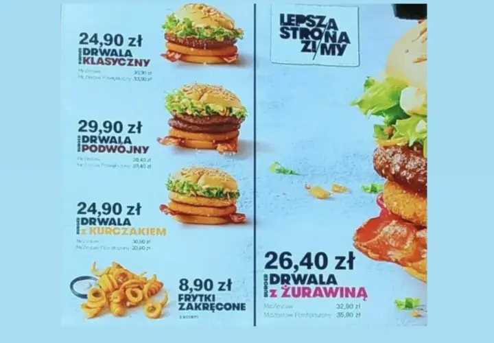 Ile kosztuje wieśmac? Klasyczny Drwala 24,90 zł, podwójny 29,90 zł, z kurczakiem 24,90 zł, a z żurawiną 26,40 zł.