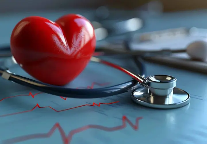 Czerwone serce, stetoskop i wykres EKG symbolizują zdrowie i prawidłowe tętno u dzieci.