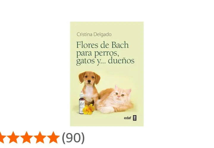 Un cachorro y un gato junto a un frasco de flores de Bach. El libro "Flores de Bach para perros, gatos y... dueños" de Cristina Delgado.