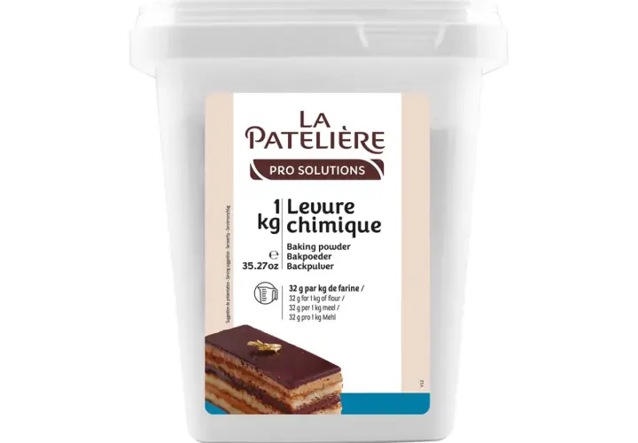 Un grand pot de 1 kg de levure chimique "La Pâtelière", idéal pour réussir toutes vos pâtisseries.