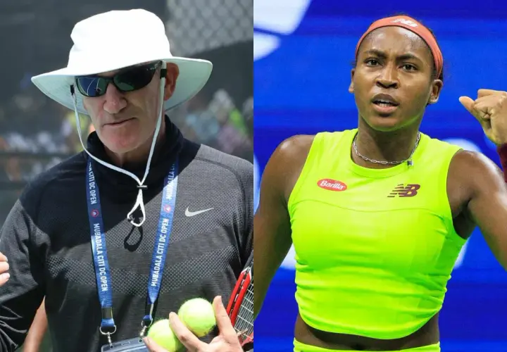 Trener Coco Gauff, w białym kapeluszu, omawia strategię z zawodniczką.