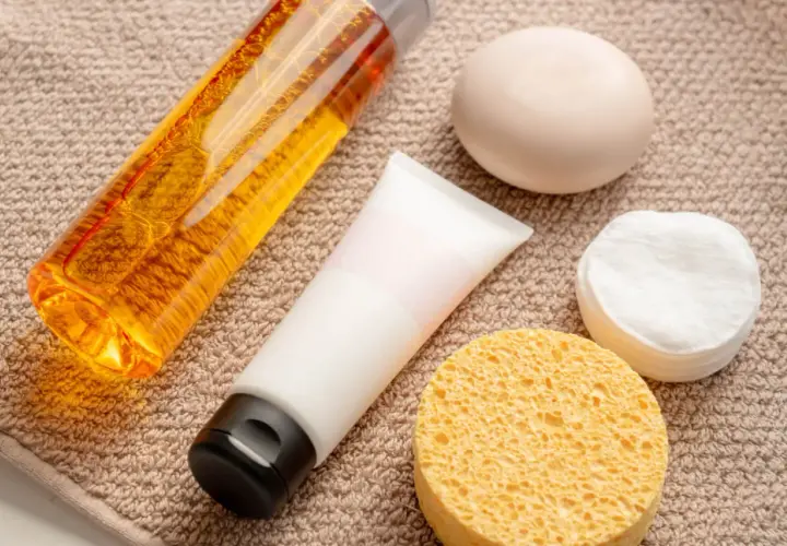 Płyn do kąpieli z **sodium lauryl sulfate**, krem, mydło, waciki i gąbka do twarzy na ręczniku.