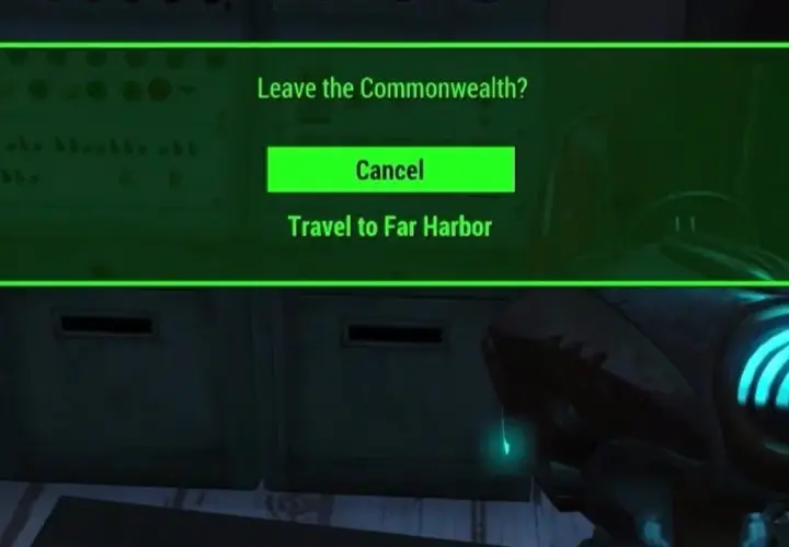 Dialogfenster in Fallout 4: "Commonwealth verlassen? Reise nach Far Harbor starten.