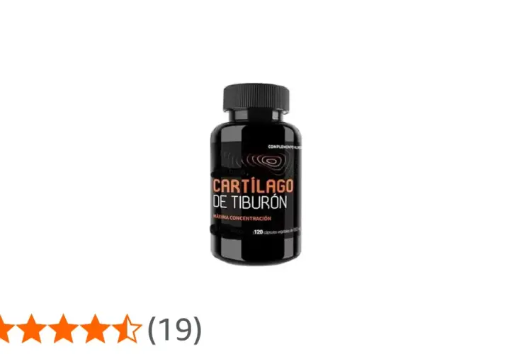 Bote negro con etiqueta naranja que anuncia "Cartílago de Tiburón" con alta concentración.