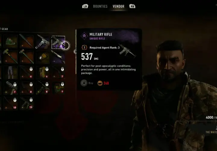 W menu gry Dying Light, widzimy karabin wojskowy, który jest najlepszym wyborem do walki w postapokaliptycznym świecie.