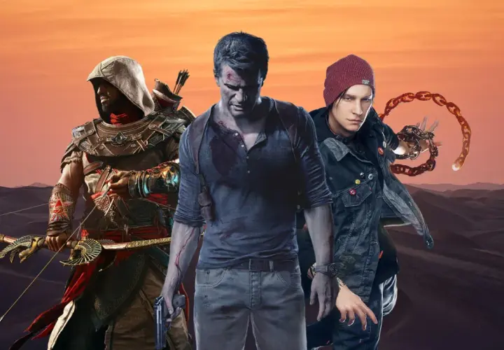 Trzech bohaterów gier: Bayek z Assassin's Creed Origins, Nathan Drake z Uncharted i Delsin Rowe z Infamous Second Son, na tle pustyni. Idealne dla fanów gier podobnych do Uncharted.