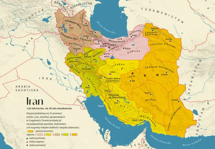 Mapa administracyjna **Persji obecnie** (Iranu) z zaznaczonymi prowincjami, stolicami i granicami.