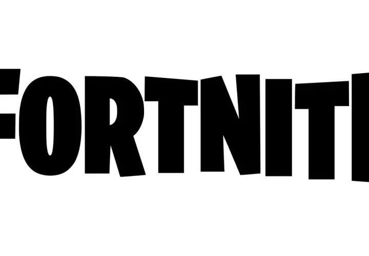 Czarny, wyrazisty znak Fortnite na białym tle.