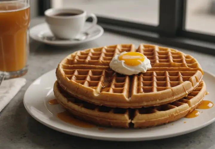 Gaufres dorées nappées de sirop, surmontées d'un œuf poché. Une tasse de café et un verre de jus complètent ce petit-déjeuner gourmand, parfait pour une recette gaufre réussie.