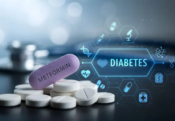 Fioletowa tabletka z napisem METFORMIN na stosie białych tabletek, obok ikony serca i napisu DIABETES.