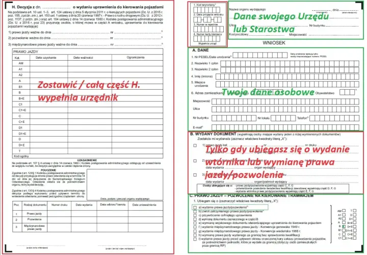 Wniosek o wydanie prawa jazdy, jego wtórnika lub wymianę. Wypełnij swoje dane osobowe i zaznacz cel wniosku.