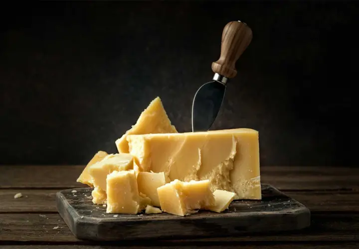 Un pezzo di Grana Padano, pronto per essere gustato, sembra quasi in attesa, come un tesoro in gravidanza.