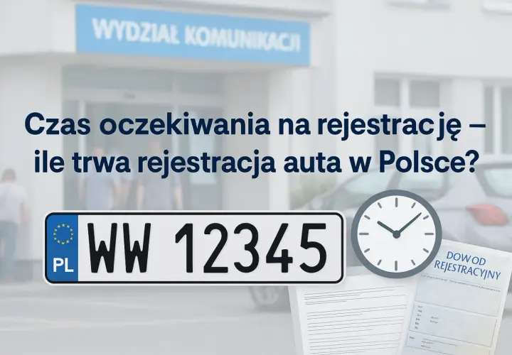 Ile trwa rejestracja samochodu w urzędzie? Zegar, tablica rejestracyjna i dokumenty wskazują na czas oczekiwania.