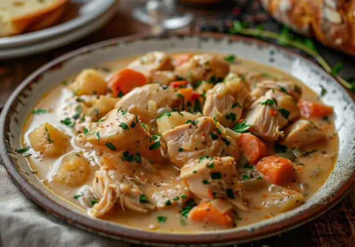 Une assiette de blanquette de dinde crémeuse avec des morceaux de dinde, des carottes et des pommes de terre, garnie de persil frais.