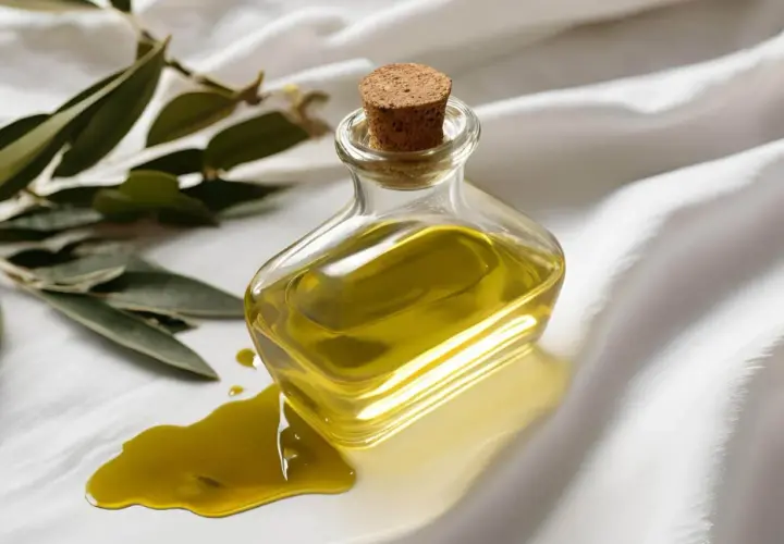 Aceite de oliva derramado de una botella, una escena que inspira a saber como quitar mancha de aceite.