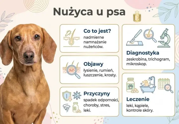 Uroczy piesek z informacjami o nużycy u psa: przyczyny, objawy, diagnostyka i leczenie.
