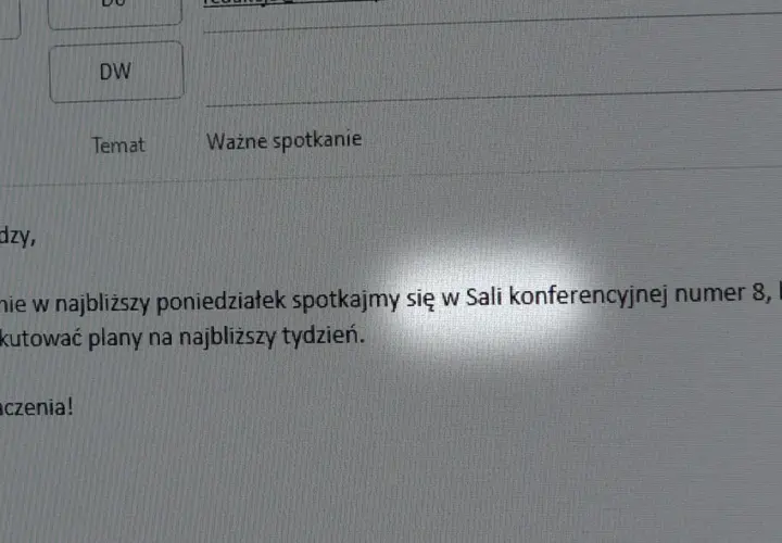 Ważne spotkanie: Koniecznie w poniedziałek w Sali 8, by przedyskutować plany. Użyj **wersaliki** do pisania, jeśli chcesz, by było czytelne.