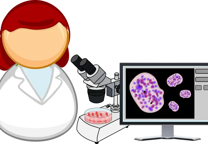 Biologo nutrizionista al lavoro con microscopio e campioni cellulari visualizzati su schermo.