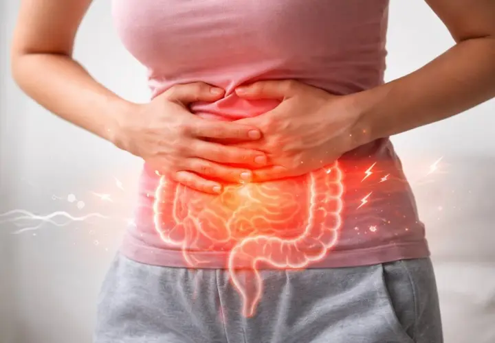 Dolore addominale e infiammazione intestinale, possibili colite sintomi. Mani che stringono l'addome con un'illustrazione luminosa dell'intestino.