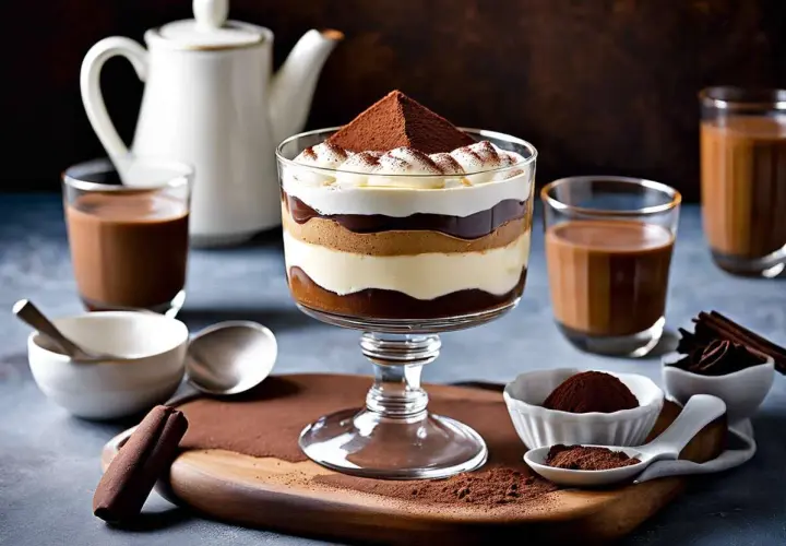 Un délicieux tiramisu speculoos en couches, garni de cacao et de crème fouettée, servi avec des boissons au chocolat.