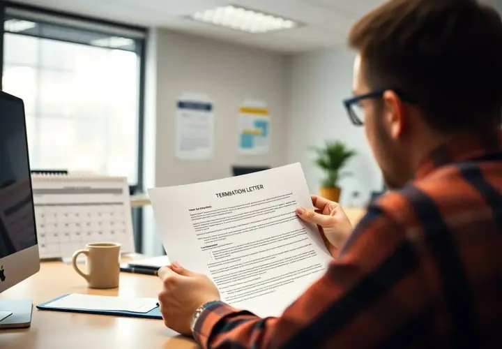 Mężczyzna w okularach czyta dokument "Termination Letter", zastanawiając się, jak złożyć wypowiedzenie. Na biurku komputer, kubek i kalendarz.