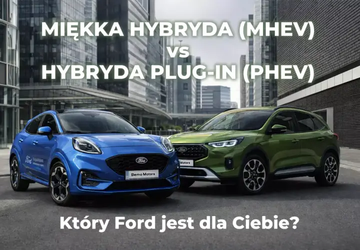 Niebieski Ford Puma MHEV i zielony Ford Kuga PHEV. Dowiedz się, co to phev i który Ford jest dla Ciebie.