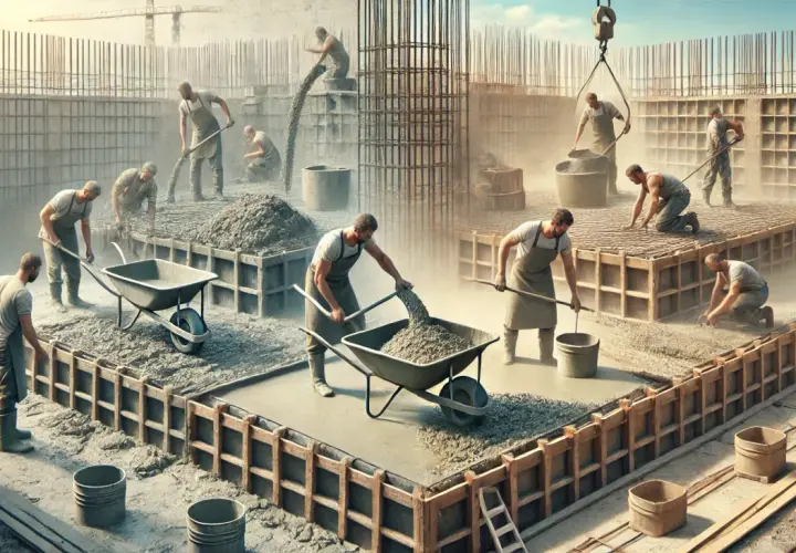 Budowlańcy pracują przy betonowaniu fundamentów. Widać wózki z betonem i ludzi układających masę. Czas schniecia betonu zależy od wielu czynników.