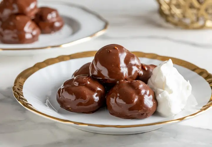 Profitterol ricetta: golosi bignè ricoperti di cioccolato fondente, serviti con panna montata su un piatto bianco con bordo dorato.