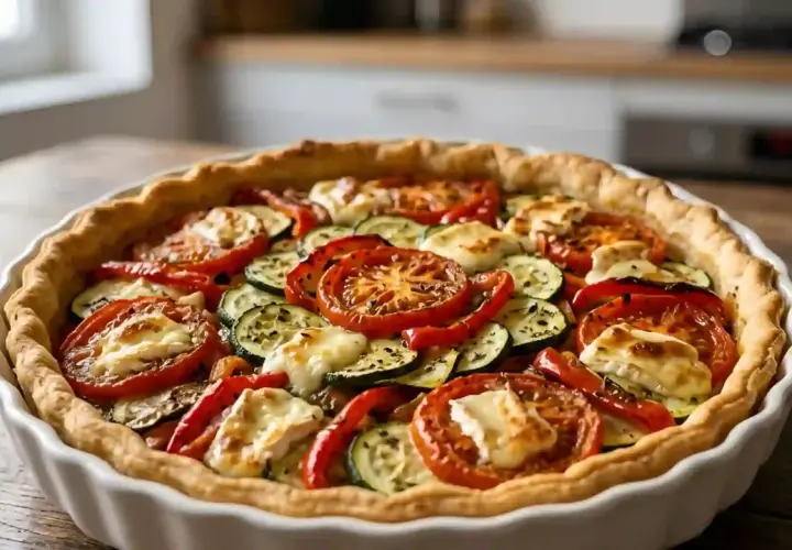 Une quiche méditerranéenne aux tomates, courgettes et poivrons rouges, garnie de fromage fondant, prête à être dégustée.