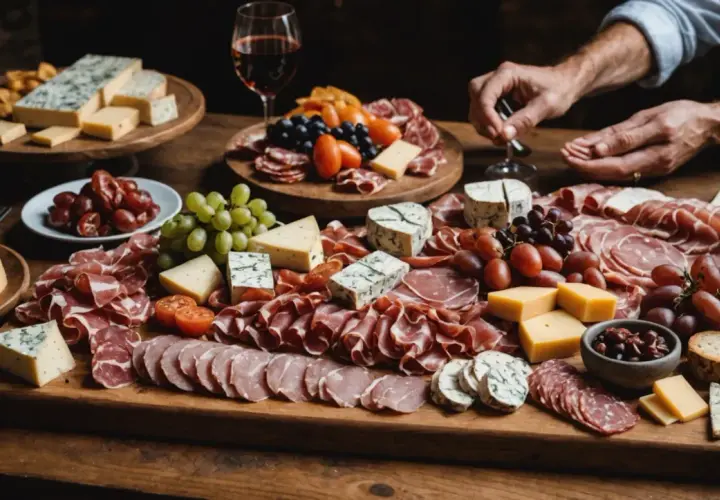 Plateau de charcuterie et fromages variés, avec raisins et tomates cerises. Parfait pour savoir quel vin avec charcuterie.