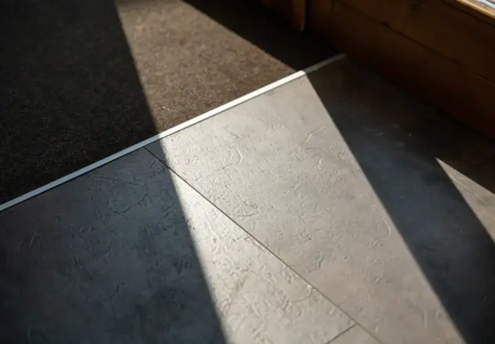 Un tappeto scuro incontra un moderno pavimento flottante grigio, illuminato da un raggio di sole diagonale.