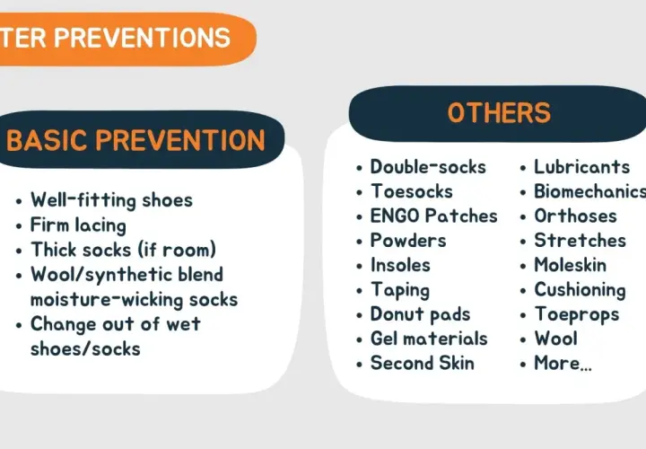 Preventing blisters from boots: lists basic and other methods like well-fitting shoes, thick socks, taping, and moleskin.