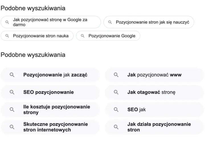 Podobne wyszukiwania dotyczące pozycjonowania stron w Google, SEO i nauki pozycjonowania.
