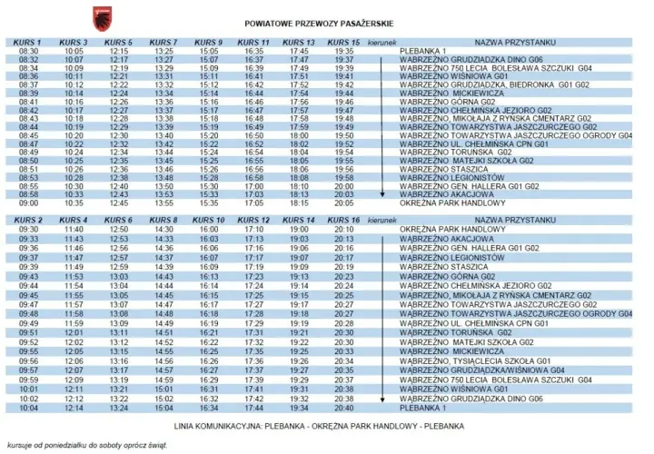 Tabela z rozkładem jazdy autobusów, godzinami odjazdów i nazwami przystanków.