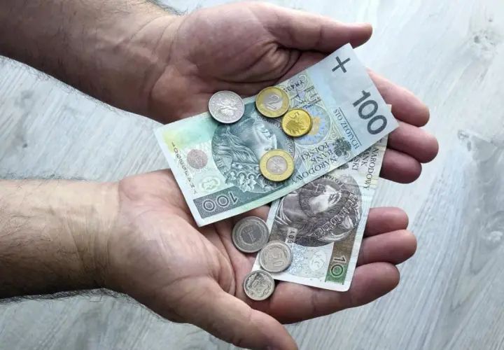 Dłonie trzymają polskie banknoty i monety. Pytanie brzmi: ile zarabia lombard?
