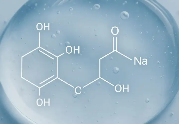 Struktura chemiczna kwasu hialuronowego sodu na błękitnym tle z pęcherzykami powietrza.