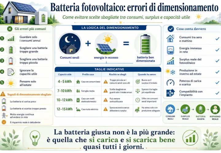 Dimensionamento impianto fotovoltaico: errori comuni e logica corretta. La batteria giusta è quella che si carica e scarica bene ogni giorno.