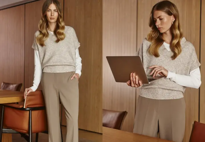 Elegancki damski dress code biznesowy: beżowy sweter bez rękawów na białej bluzce, brązowe spodnie. Kobieta z laptopem.