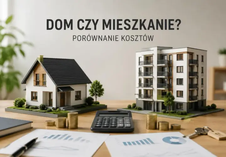 Porównanie kosztów: model domu i bloku mieszkalnego, kalkulator, monety i klucze. Które rozwiązanie wybrać: dom czy mieszkanie?