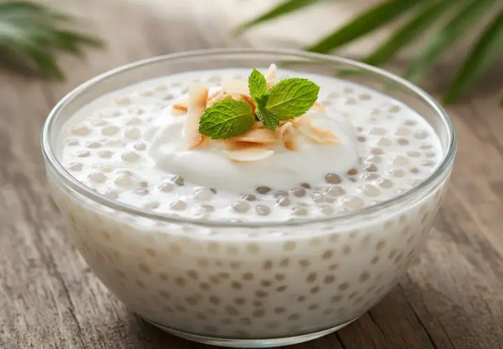 Un bol de tapioca au lait de coco, garni de copeaux de noix de coco et d'une feuille de menthe.