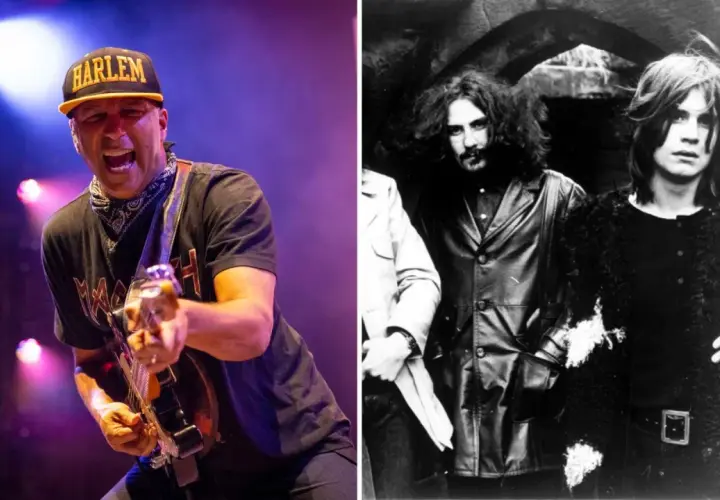 Dwóch członków Black Sabbath: młody Ozzy Osbourne i Tony Iommi w latach 70. oraz współczesny muzyk grający na gitarze.