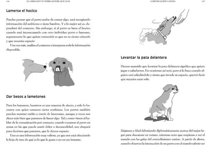 Ilustraciones de perros raros: uno se lame el hocico, otro levanta la pata y uno más da lametones.