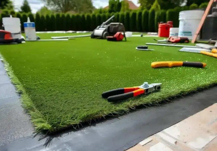 Attrezzi pronti per la posa erba sintetica su terra. Un prato perfetto in arrivo!