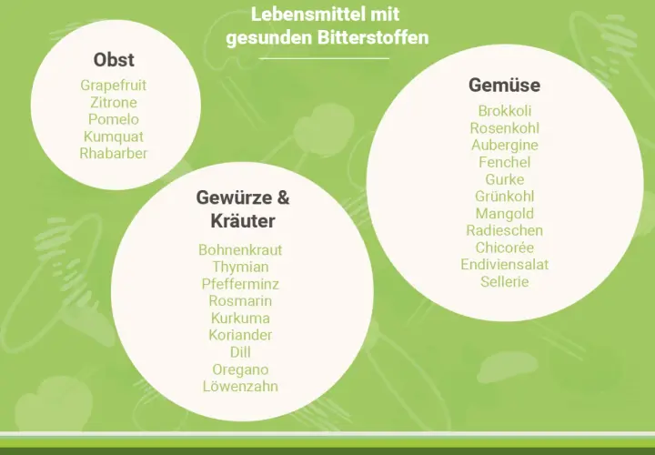 Liste von Lebensmitteln mit gesunden Bitterstoffen: Obst (Grapefruit, Zitrone), Gemüse (Brokkoli, Chicorée) und Kräuter (Löwenzahn, Rosmarin).